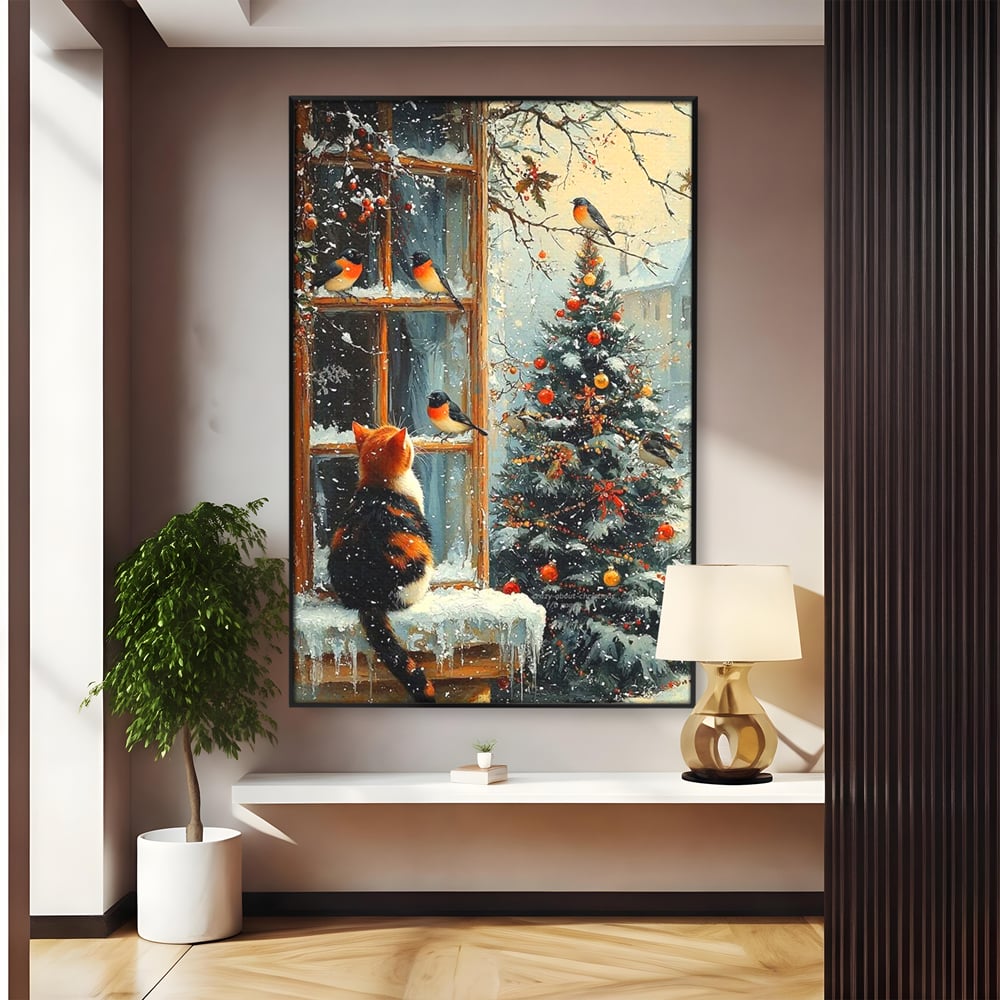 Tablou canvas cu tablou canvas cu pisica priveste pasari la fereastra, in rama de aluminiu negru